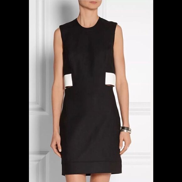 Helmut Lang Sleeveless Wool Leather Trim Flex Suit Black White Size 0 - Picture 2 of 13